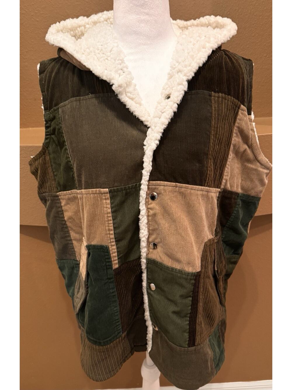 Gypsy Rose Women Corduroy Patchwork Hoodie Sherpa Vest Boho Hippie 70s L